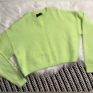 Bardot crop neon yellow fuzzy/furry sweater